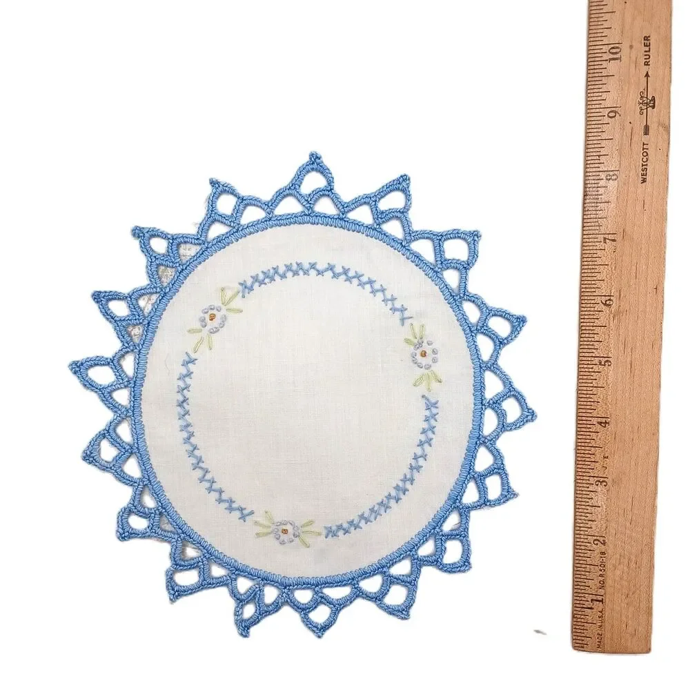12 PCS Doilies Crochet Round Lace Blue Handmade Table Placemat Cotton Coasters